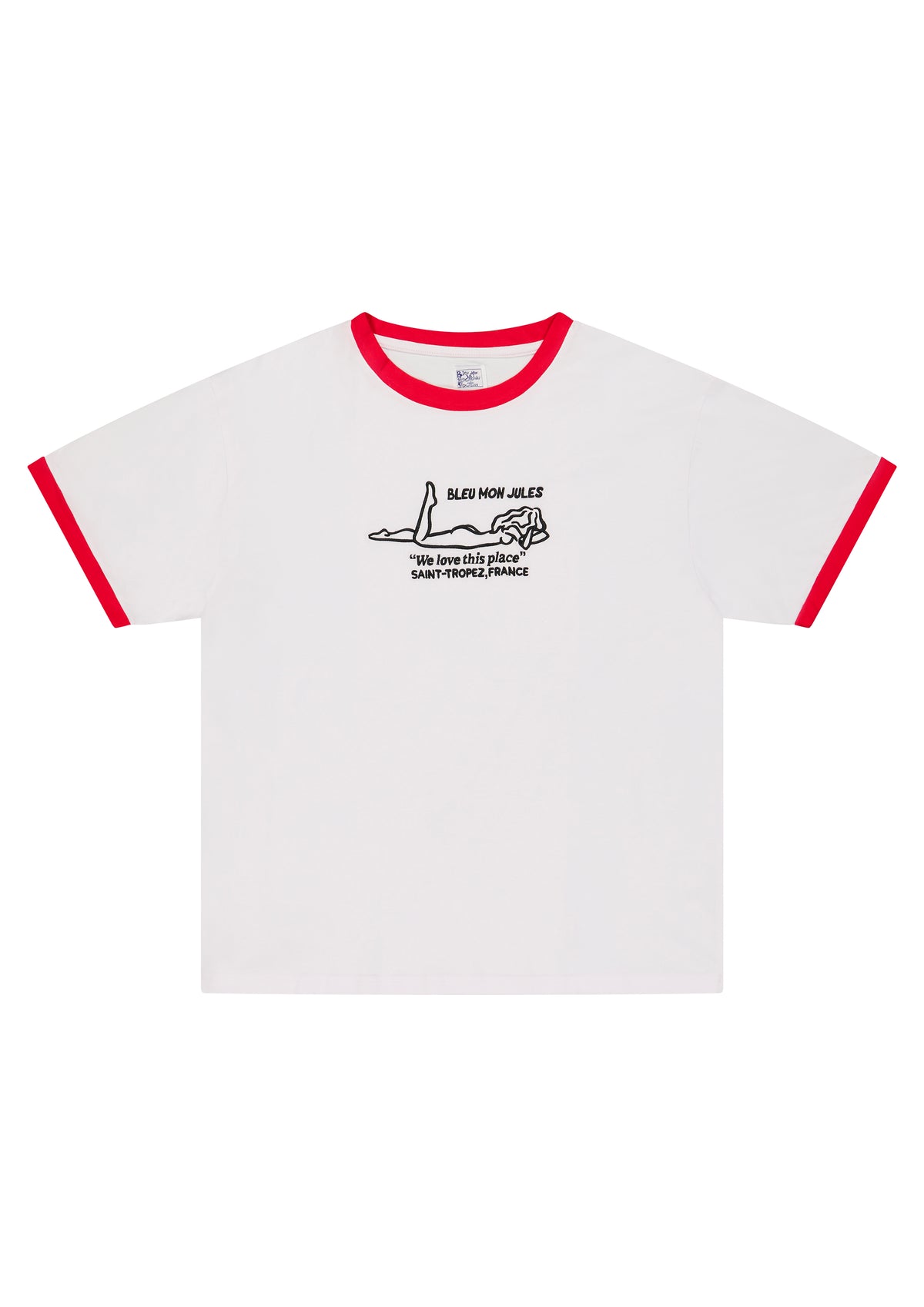 T-shirt ringer blanc à bord rouge Bleu mon Jules, silhouette de femme brodée, coupe ample années 70, Saint-Tropez