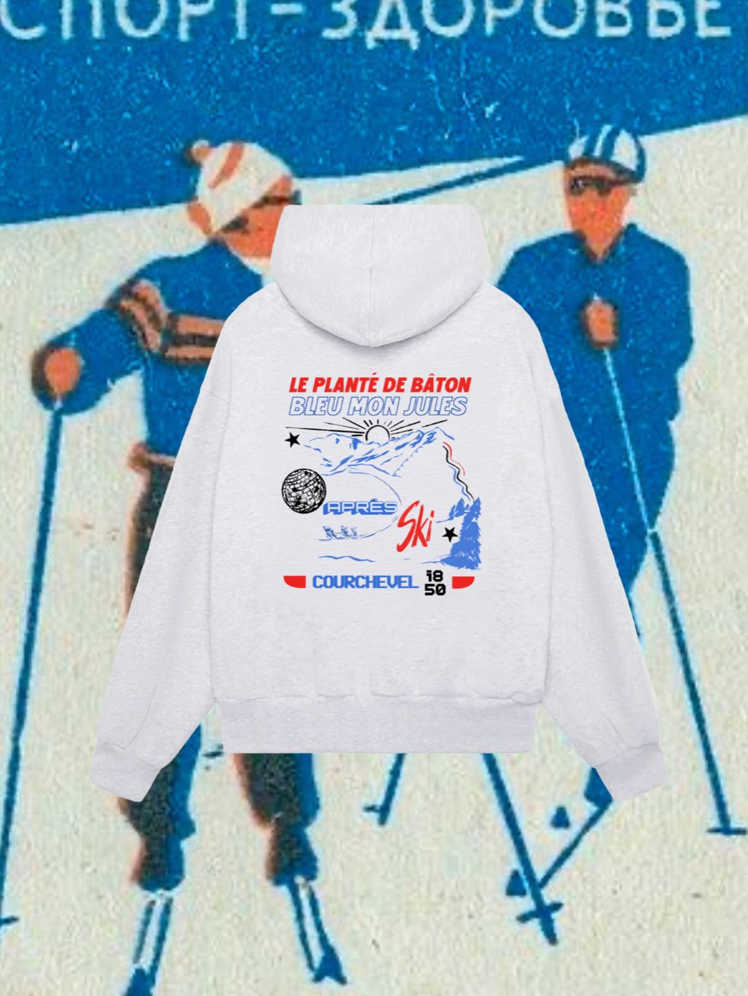 Sweat à capuche Bleu Mon Jules Après Ski Courchevel 1850 avec illustration montagne et typographie rétro, sur fond affiche vintage skieurs années 70
