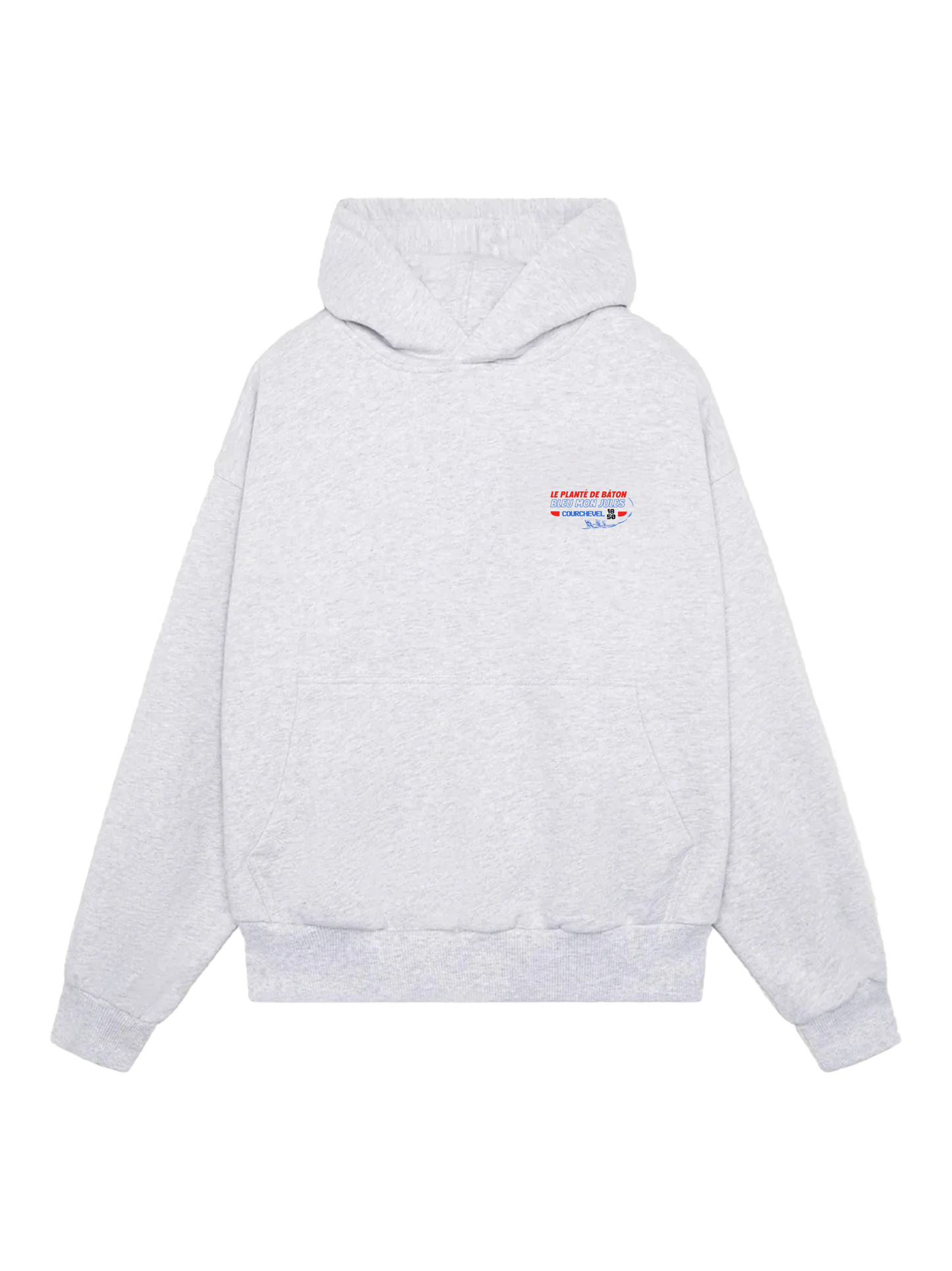 Sweat à capuche gris Bleu Mon Jules x Le Planté de Bâton Courchevel avec logo poitrine minimaliste, édition limitée 25 pièces