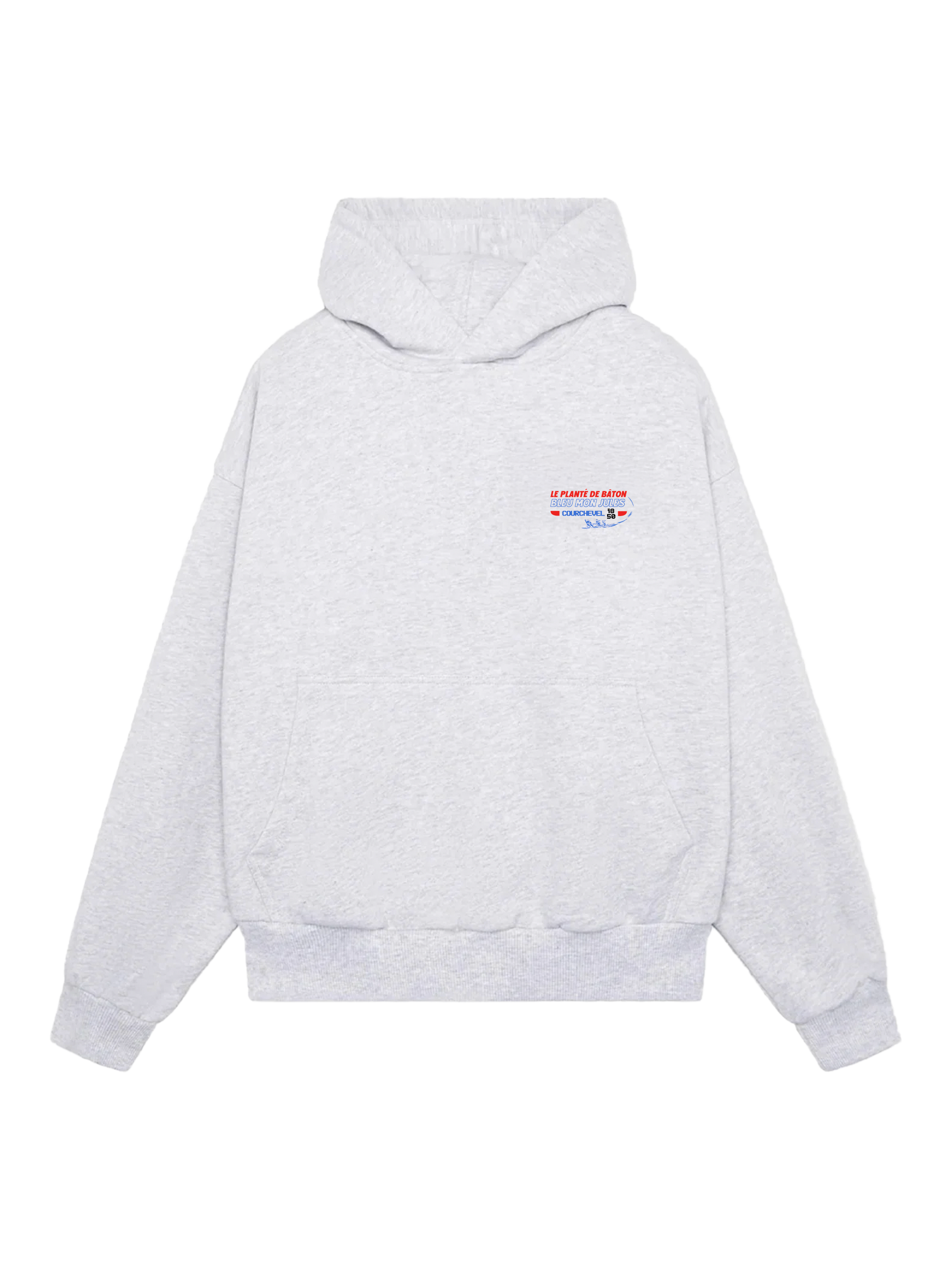 Sweat à capuche gris Bleu Mon Jules x Le Planté de Bâton Courchevel avec logo poitrine minimaliste, édition limitée 25 pièces