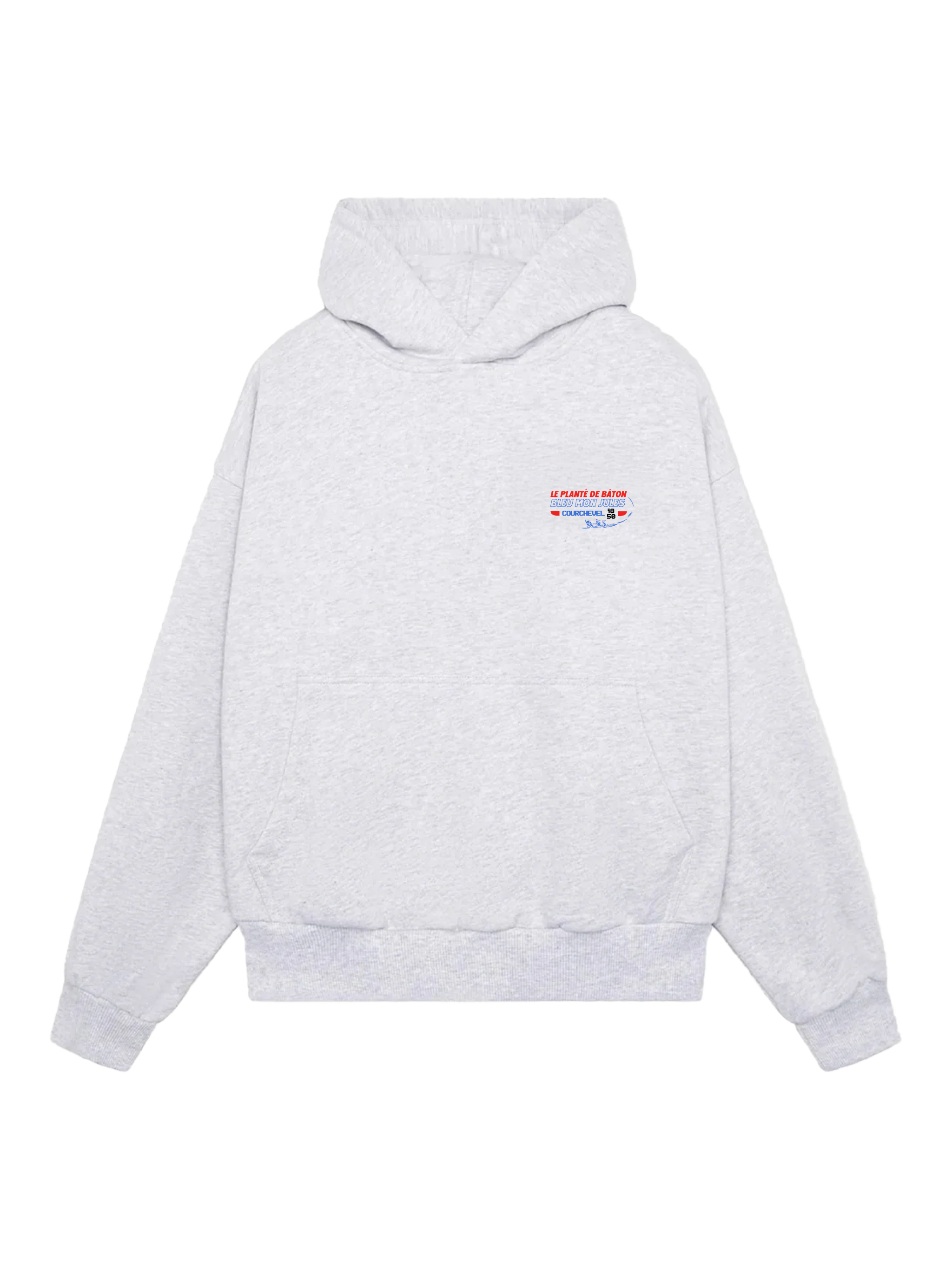 Sweat à capuche gris Bleu Mon Jules x Le Planté de Bâton Courchevel avec logo poitrine minimaliste, édition limitée 25 pièces