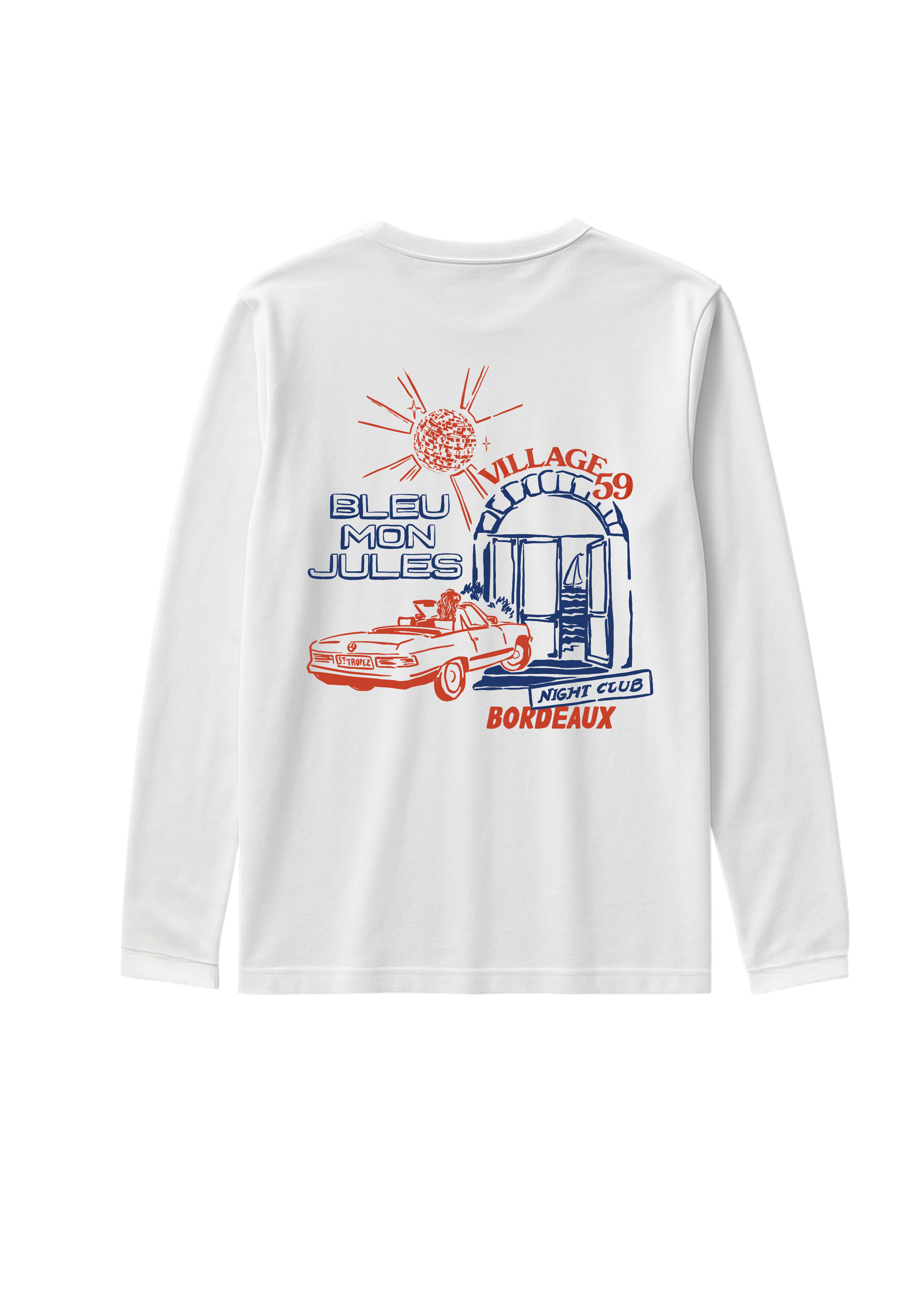 T-shirt manches longues blanc Bleu Mon Jules x Village 59 Bordeaux édition limitée, illustration vintage voiture décapotable et façade rétro au dos