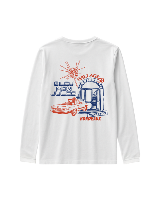 T-shirt manches longues blanc Bleu Mon Jules x Village 59 Bordeaux édition limitée, illustration vintage voiture décapotable et façade rétro au dos