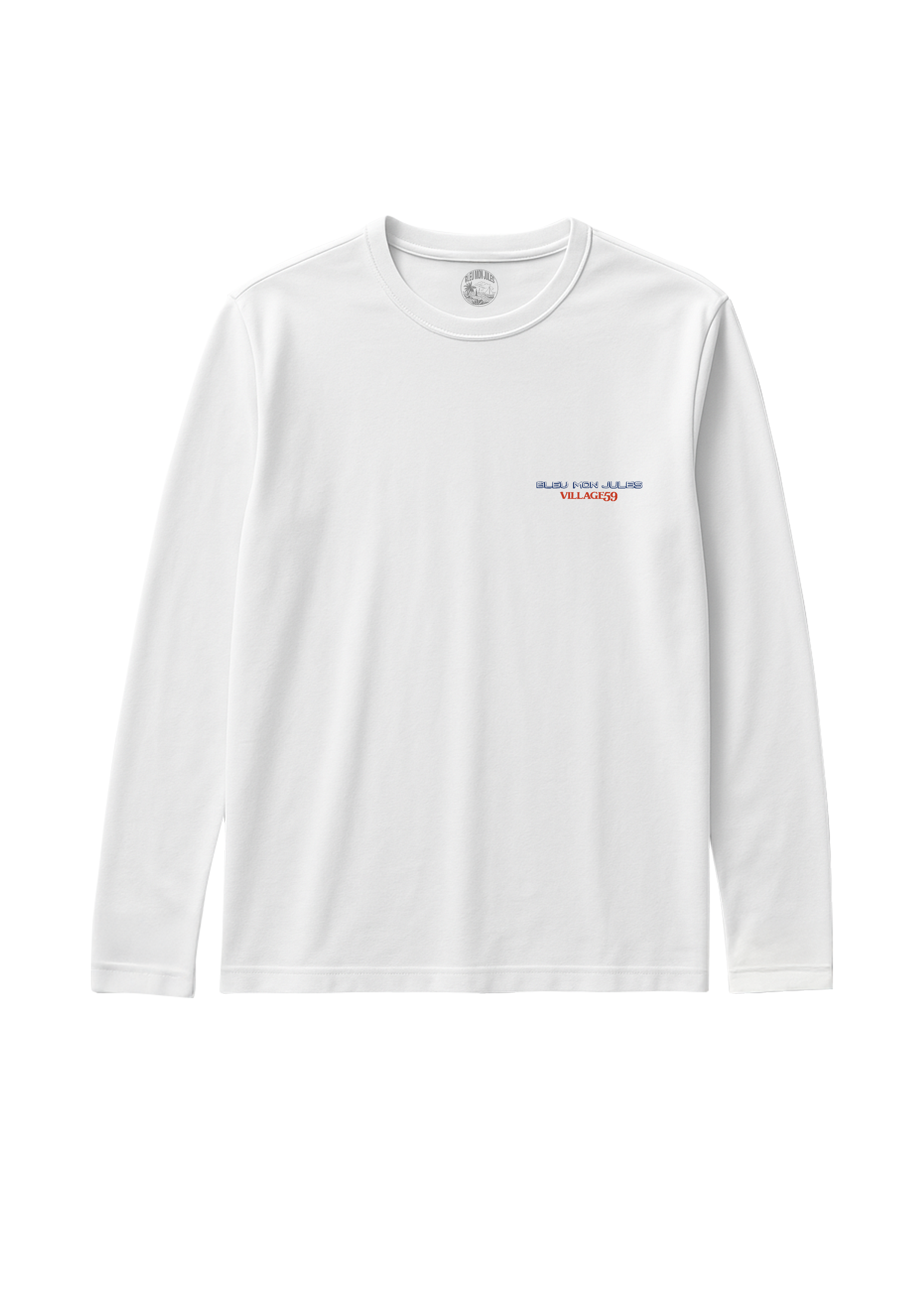 T-shirt manches longues blanc Bleu Mon Jules x Village 59 Bordeaux avec logo minimaliste poitrine, édition limitée 55 pièces