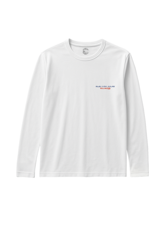 T-shirt manches longues blanc Bleu Mon Jules x Village 59 Bordeaux avec logo minimaliste poitrine, édition limitée 55 pièces