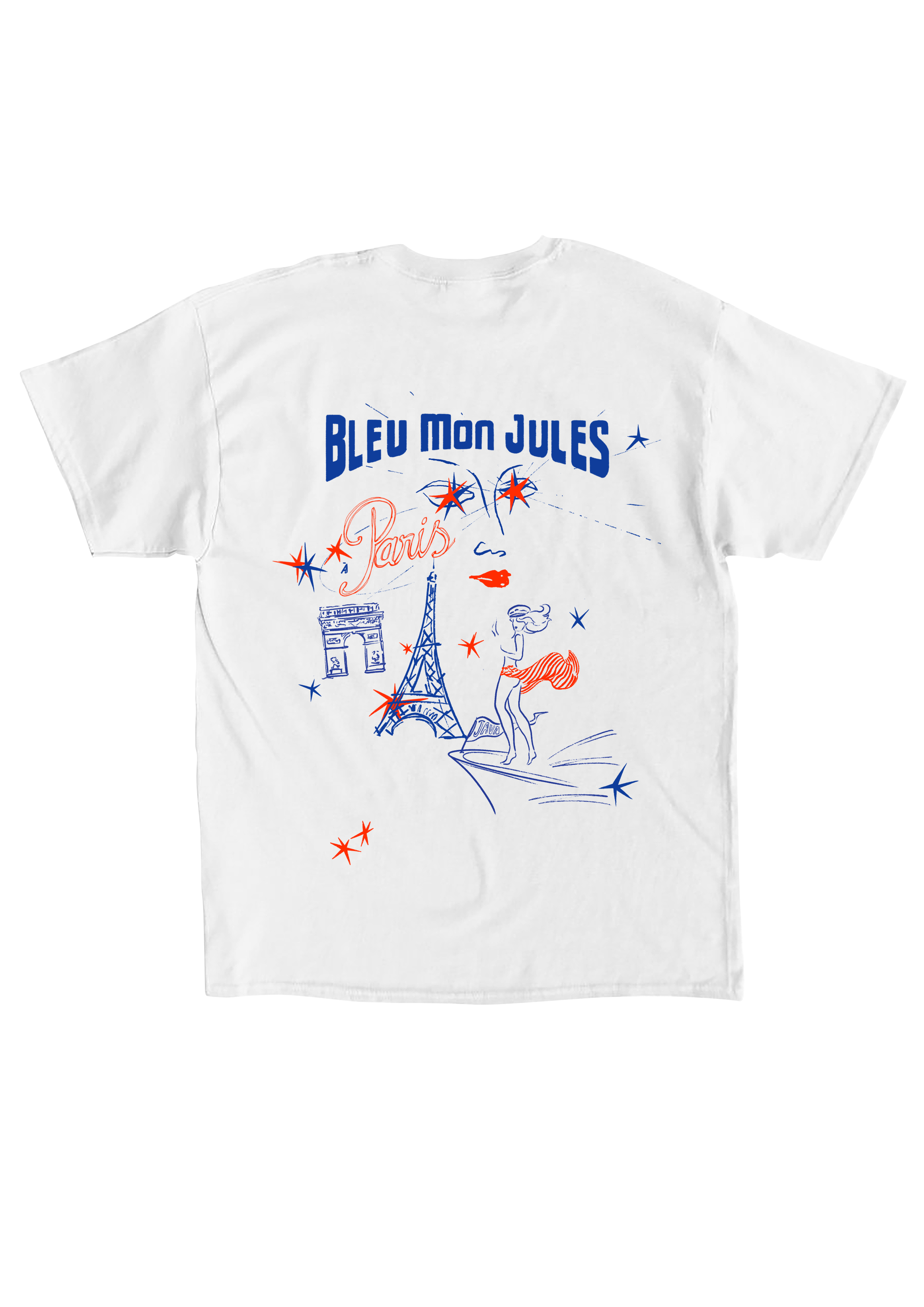 T-shirt Paris d’été Bleu mon Jules blanc avec illustration devant la Tour Eiffel et monuments parisiens, édition limitée 200 exemplaires