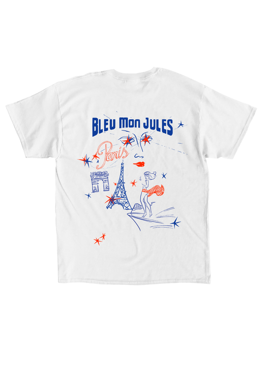 T-shirt Paris d’été Bleu mon Jules blanc avec illustration devant la Tour Eiffel et monuments parisiens, édition limitée 200 exemplaires