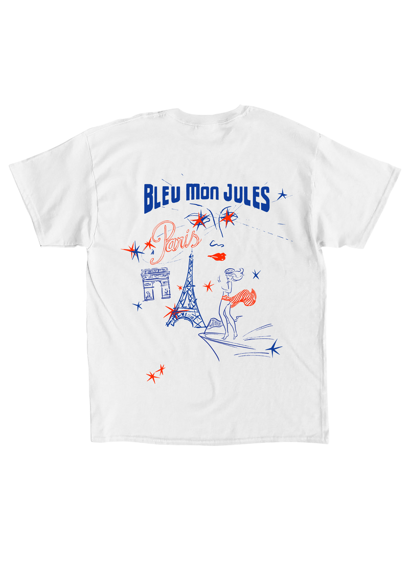T-shirt Paris d’été Bleu mon Jules blanc avec illustration devant la Tour Eiffel et monuments parisiens, édition limitée 200 exemplaires