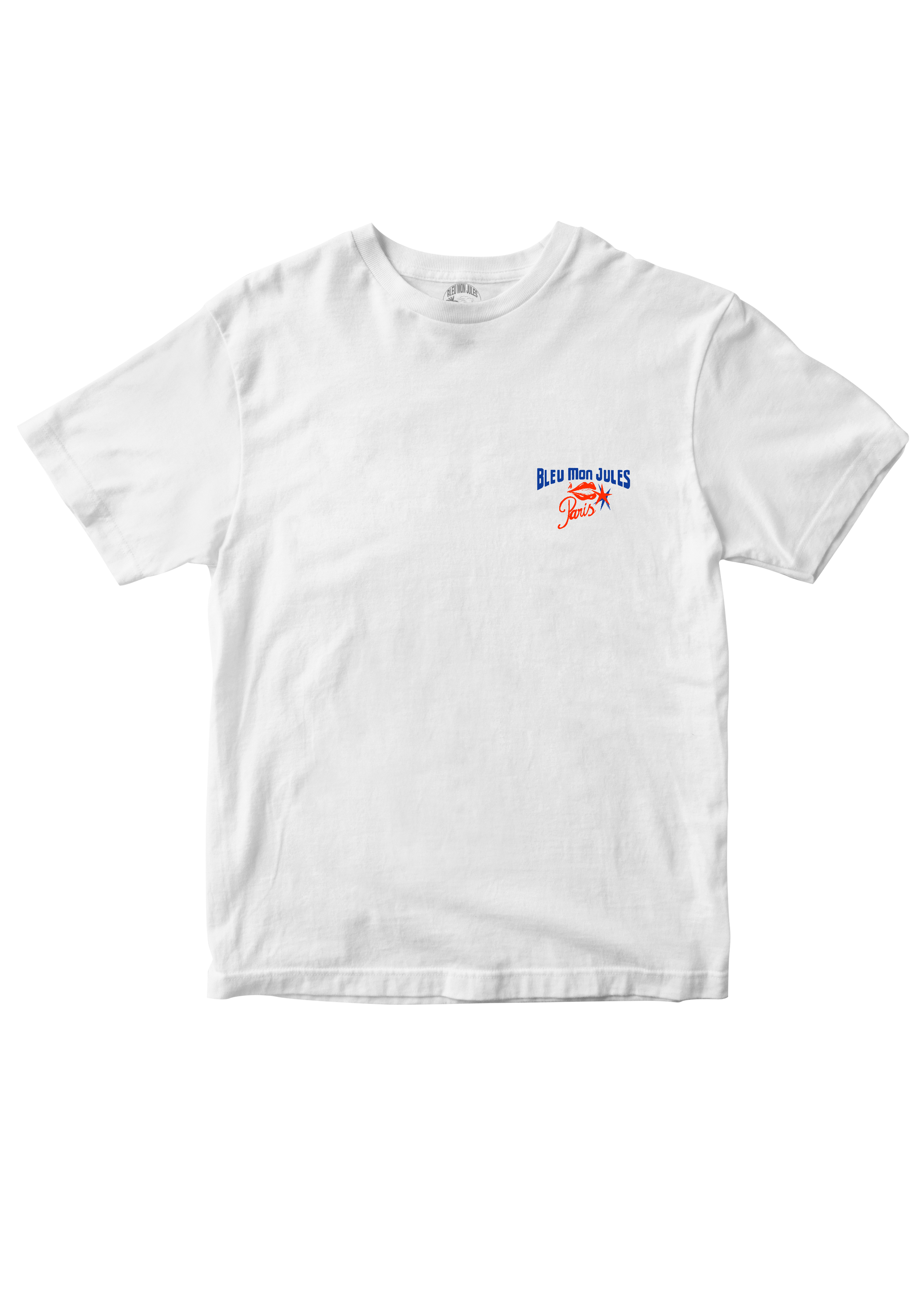 Face du T-shirt Paris d’été Bleu mon Jules blanc avec logo poitrine bleu et rouge