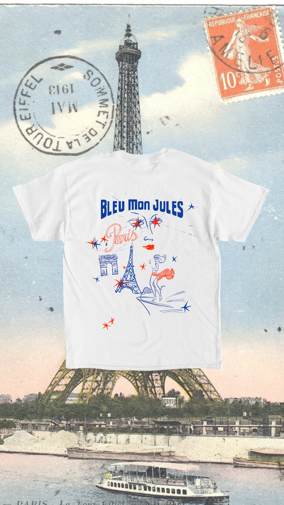 T-shirt Paris d’été Bleu mon Jules en mise en scène à Paris avec la Tour Eiffel en arrière-plan, esprit Riviera et capitale